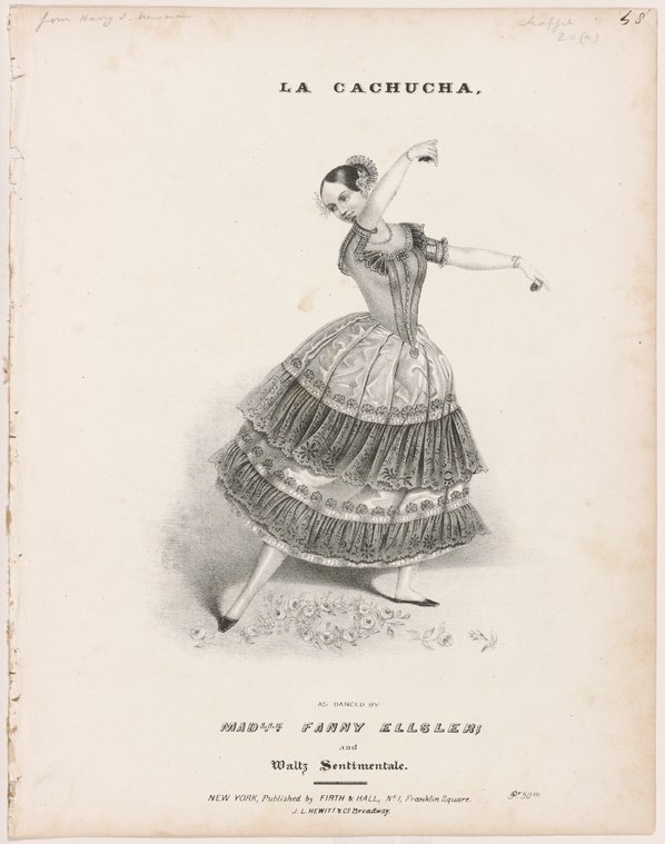 A woman in a fitted bodice and tiered, ruffled skirt performs a dance with her right arm raised overhead and her body arched backward.