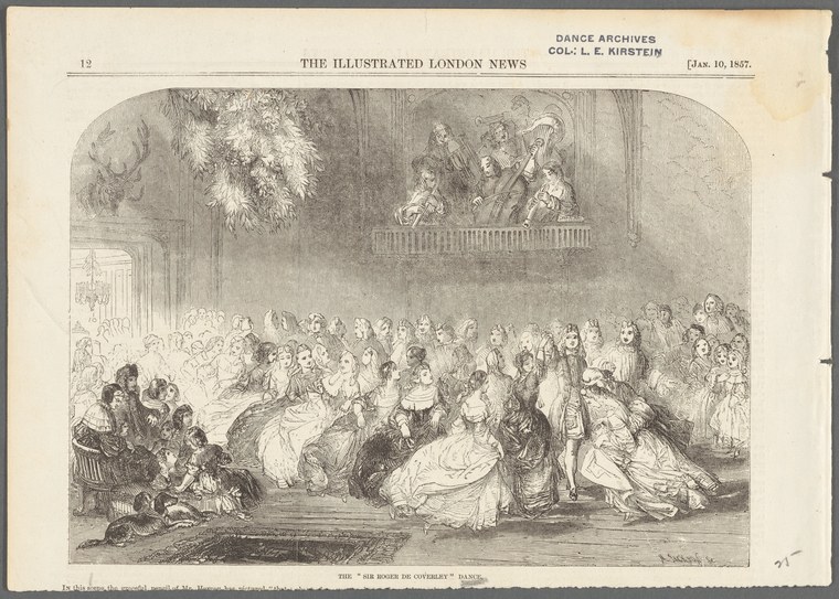 Regency-era couple dancing the Sir Roger de Coverley in a formal assembly room, surrounded by musicians and spectators in period dress.