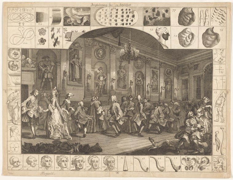 Engraved ballroom scene with two dozen figures in court dress arranged in formal patterns, surrounded by geometric diagrams and anatomical studies of human
