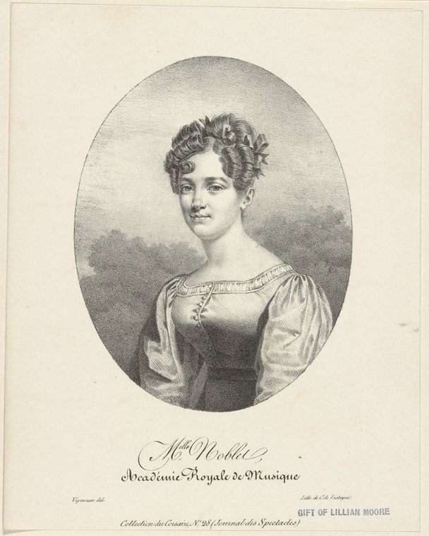 Engraved portrait of a young woman in high-waisted Regency dress with ringlet curls, identified as Melle. Noblet of the Académie Royale de Musique.
