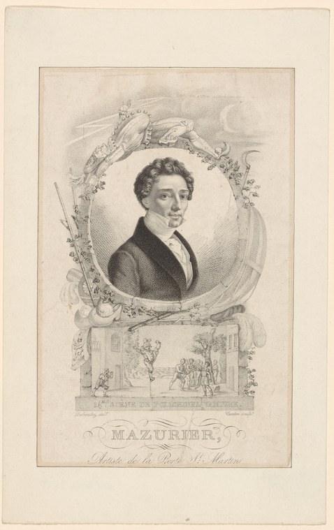 Engraved portrait of a dark-haired man in 19th-century coat within ornamental frame topped by theatrical mask and cherub, base showing stage performance scene.