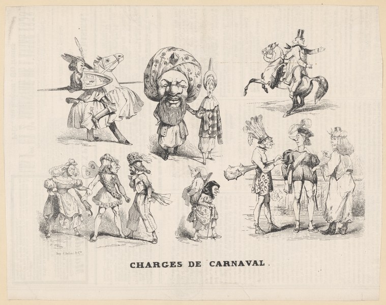 Engraving showing six scenes of exaggerated, costumed carnival performers in grotesque poses, gesturing wildly and contorting their bodies for comic effect.
