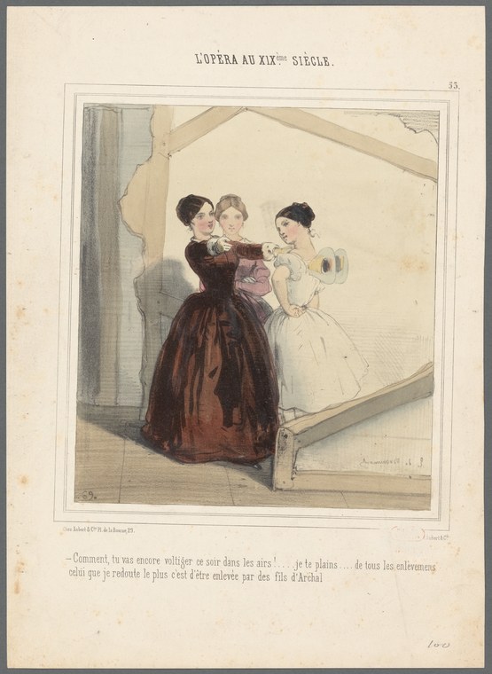 Woman in burgundy dress points young child toward a wall mirror while a second woman in white watches in an interior setting.