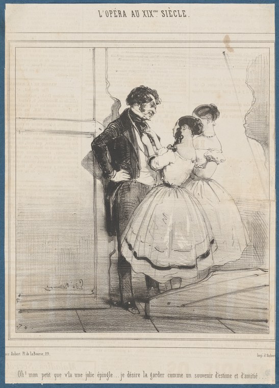 A man in a dark coat leans toward a woman in a white ball gown; a second woman stands behind them. Lithograph, mid-19th century.