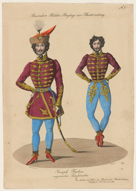 Two male dancers in burgundy and gold military uniforms and blue tights, one with feathered headdress and sabre, standing on a platform.