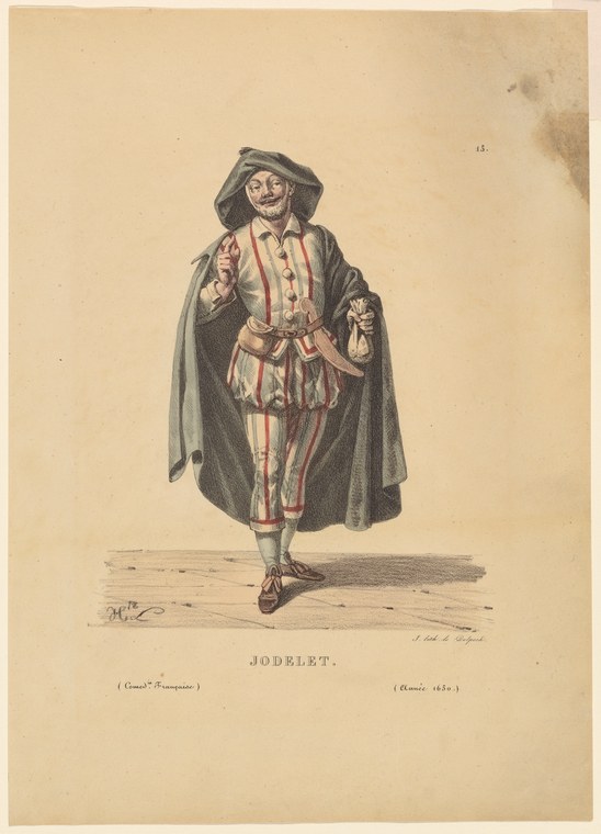 Engraved portrait of a man in 17th-century theatrical costume with striped doublet, dark cloak, and wide hat, posed with raised arm in animated comedic gesture.