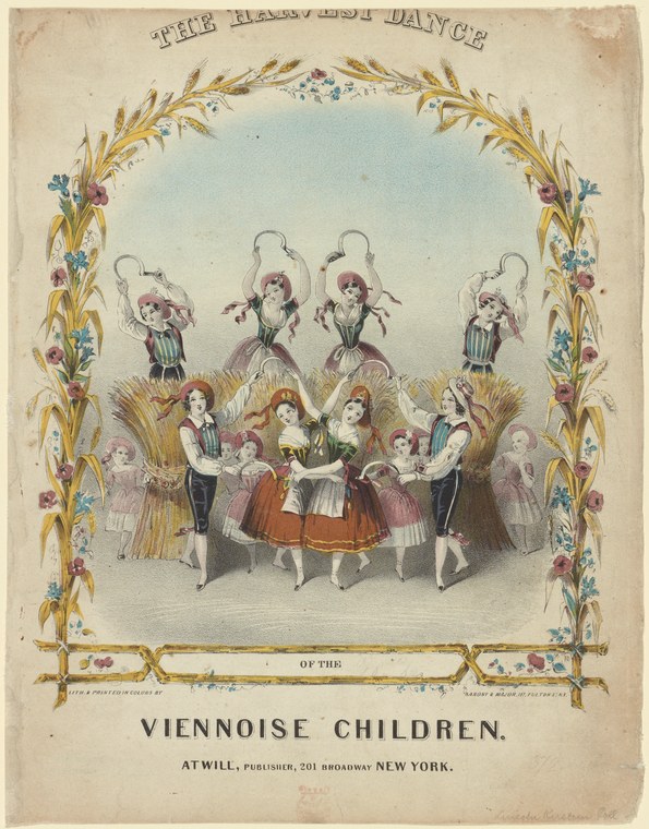 Ten children in 19th-century dress perform synchronized jumping with raised arms in a formal arrangement, framed by wheat sheaves and flowers.