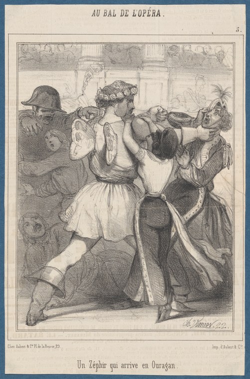 Satirical engraving of a woman in a white ballroom dress dancing wildly with three men at the opera, one playing a trumpet.