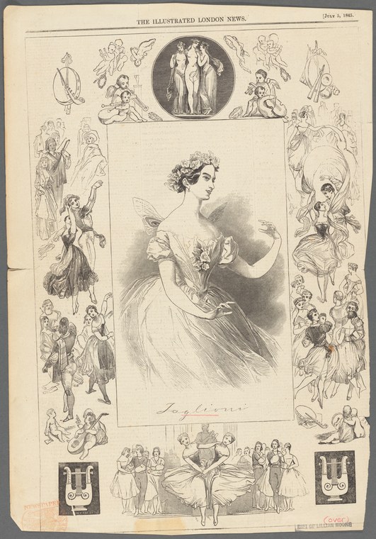 Engraving of Marie Taglioni in Romantic dress, surrounded by an ornamental border of allegorical dancing figures.