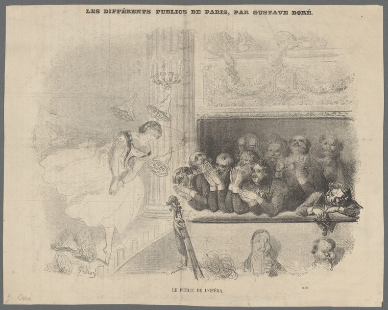 Crowded opera box watches a solitary ballerina in white tutu and pointe shoes, arms extended in classical pose on stage.