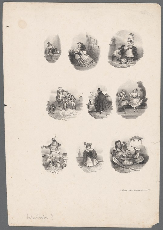 Nine engraved vignettes of anthropomorphic animals in human clothing and fashionable interiors, two depicting what appears to be ballroom dancing.