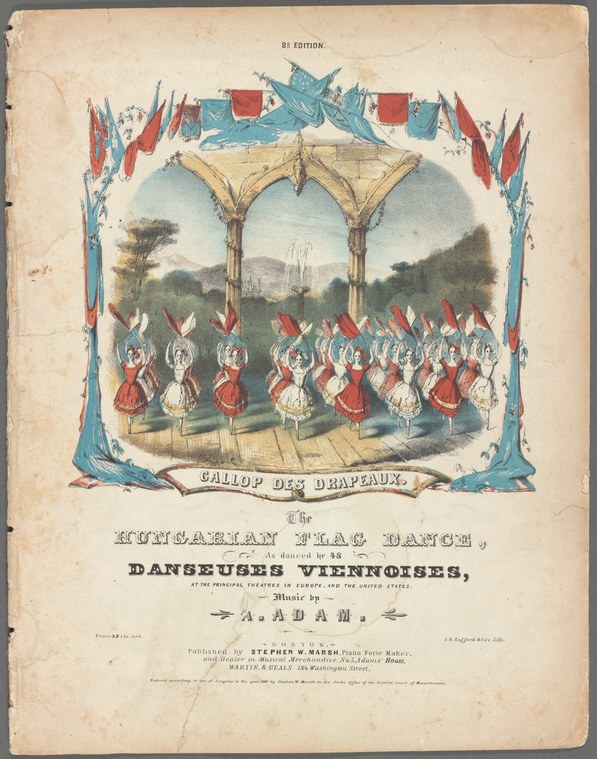 Hand-colored lithograph showing 48 female dancers in white skirts and red bodices holding blue and red flags in formation on a theatrical stage.