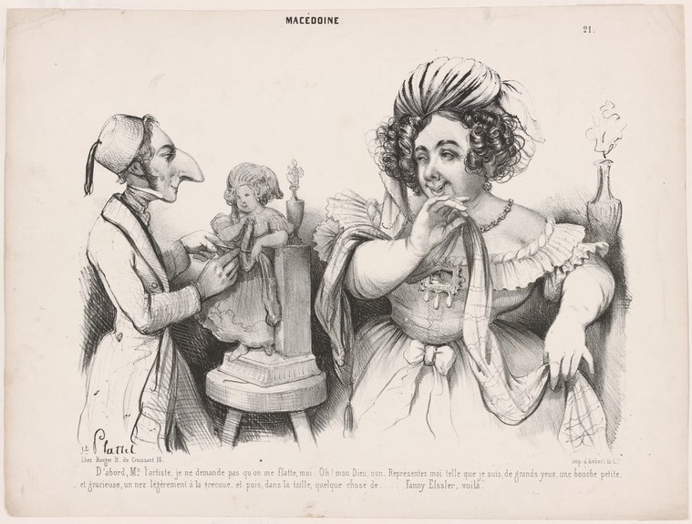 Satirical print: thin man leans toward seated woman in fashionable dress; decorative objects on table between them.