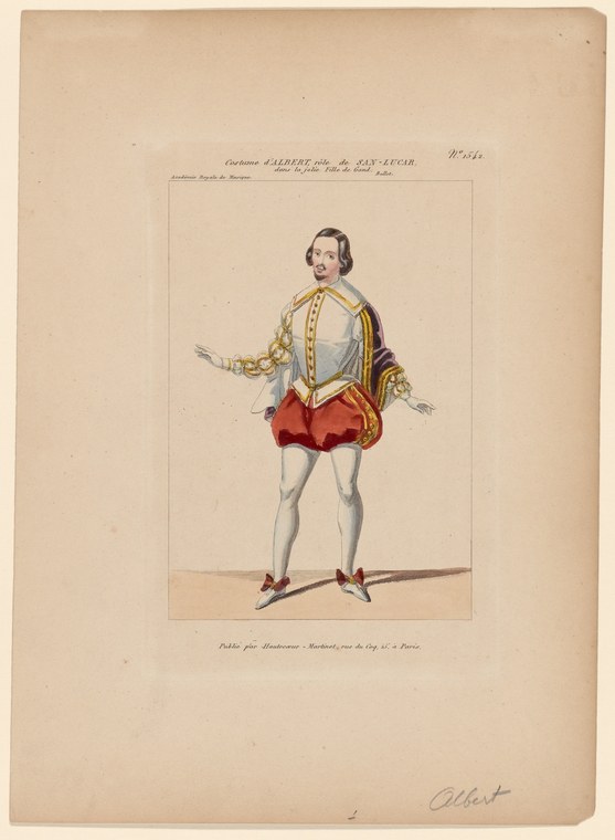 Hand-colored engraving of a male ballet dancer in ornate blue and crimson court costume with gold braid, standing in a formal pose with extended arm.