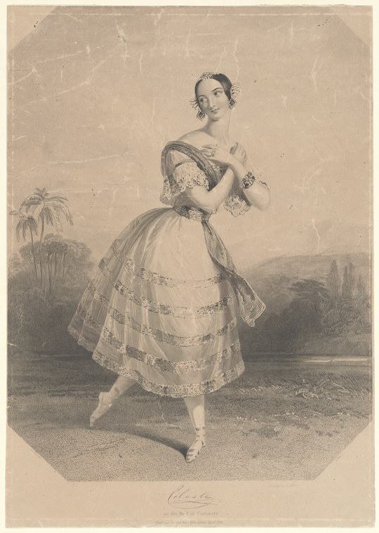 Young woman in Romantic-era ballet costume stands posed against exotic landscape, wearing fitted dark bodice and pale layered skirt, in balletic stance.