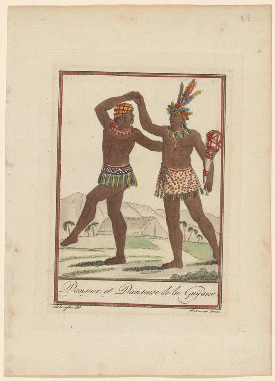Two bare-chested men stand facing forward in a landscape, wearing waistcloths, beadwork, and one wearing a feathered headdress and holding a decorated shield.
