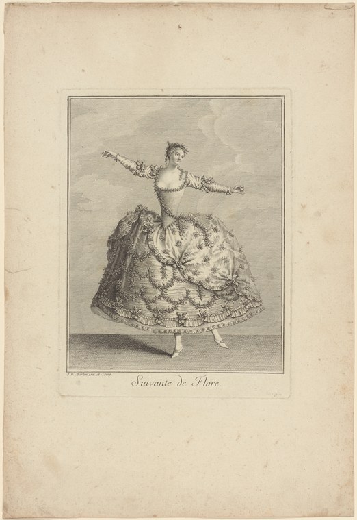 Engraving of a woman in an ornate gown with floral embroidery, arms extended, standing in a formal upright pose.