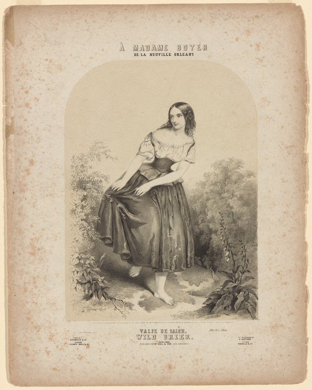 Lithograph of a woman in a long dark skirt and white chemise, standing barefoot in a woodland glade, her head tilted downward in a thoughtful pose suggesting