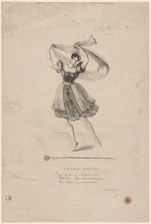 Engraved portrait of a dancer in Romantic-era dress, lifted on the balls of her feet with arms raised, executing a turning step.