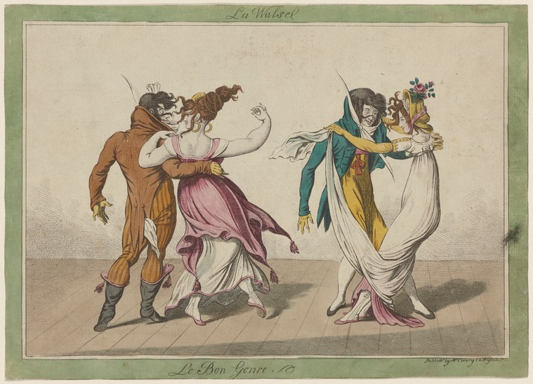 Two couples dance the Waltz in early 19th-century dress; the left woman arches backward while the man holds a small dog aloft.