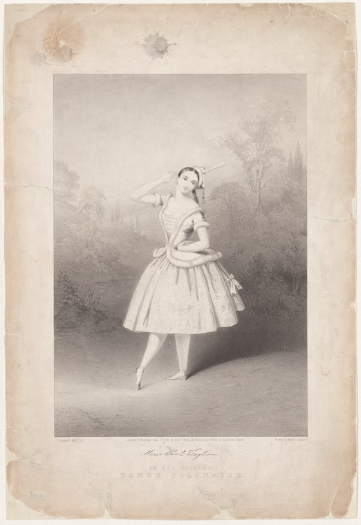 A young woman in a white Romantic-era ballet costume with off-shoulder sleeves and tiered skirt, standing alone with her right hand raised to her head.