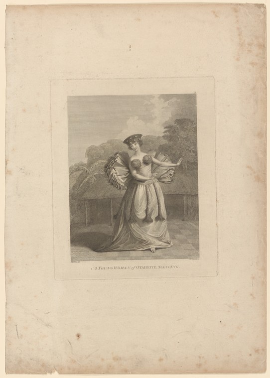 A young woman in a high-waisted white dress stands alone between classical columns, arms raised symmetrically, one leg lifting in a gesture of movement.