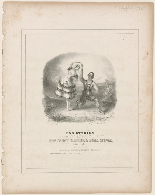 Lithograph of a woman in a white tulle skirt turning mid-movement, partnered with a smaller male figure in darker clothing in a theatrical vignette.