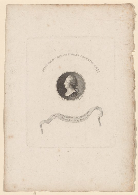 Circular engraved portrait in profile of a man in 18th-century dress, with inscription identifying him as Jean Bercher Dauberval, born 1742.