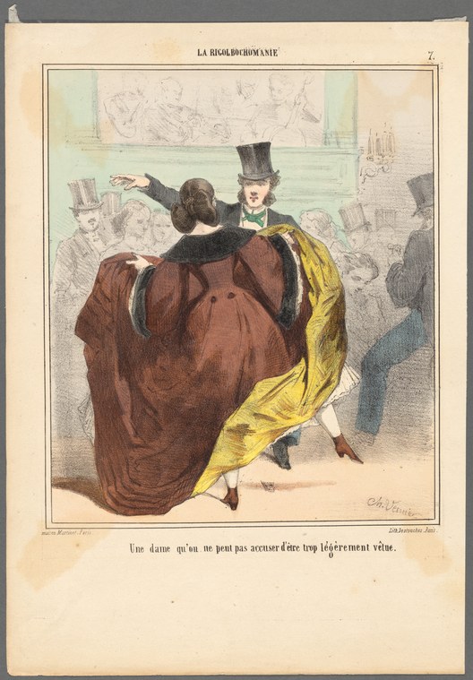A woman in a massive brown dress with a gold shawl swings mid-turn in a ballroom while a man in a top hat gestures toward her.