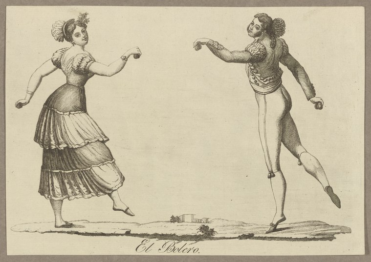 Two dancers in Regency dress demonstrate the bolero: a woman in a tiered gown with raised arms, a man in tights and tunic on one leg with arms curved.