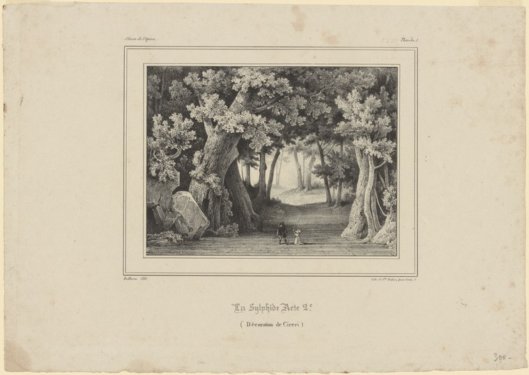Engraved forest glade at night, two small figures in distant light, surrounded by tall trees rendered in fine parallel lines.