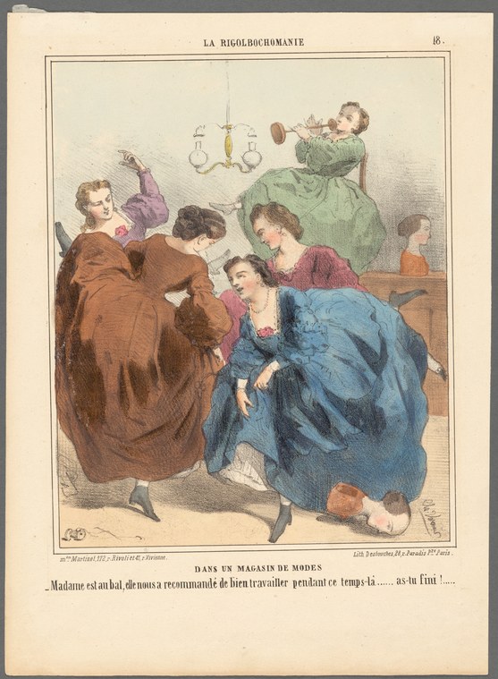 Satirical French print of women twisted and contorted in a fashion shop while the proprietor examines a feathered hat.