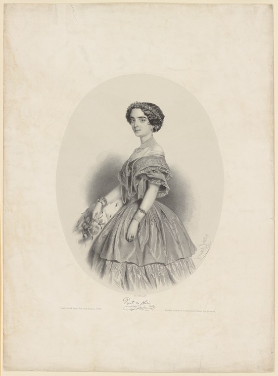 Mid-nineteenth-century engraving of a woman in a full-skirted dress, identified as Pepita de Olivá by a facsimile signature.