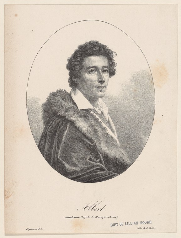 Engraved portrait of Albert, a male ballet dancer at the Paris Opera, in three-quarter view wearing a dark coat with fur collar.