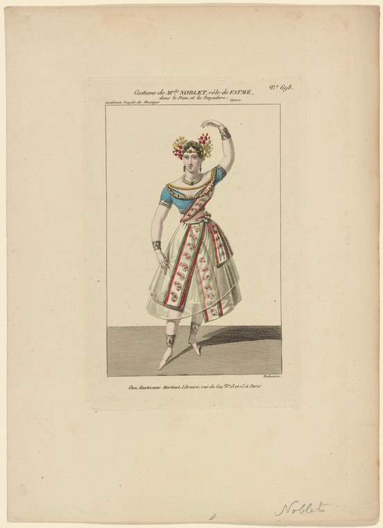 Hand-colored engraving of a female dancer in 19th-century costume: white striped skirt, blue corsage, and flower crown, standing in a classical pose.
