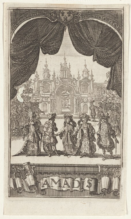 Engraving of formally dressed figures dancing on a stage framed by a proscenium arch and ornate towers, with spectators below.