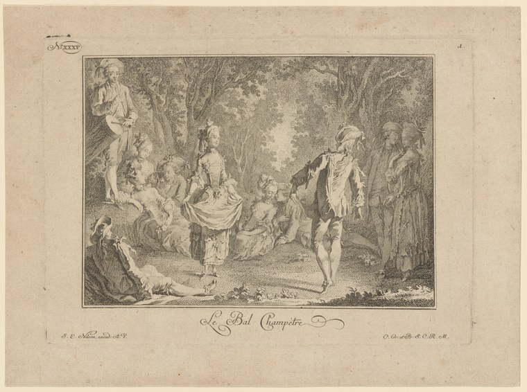 Rococo engraving of elegantly dressed figures gathered in a wooded clearing; some seated, some standing, engaged in conversation and leisurely movement.