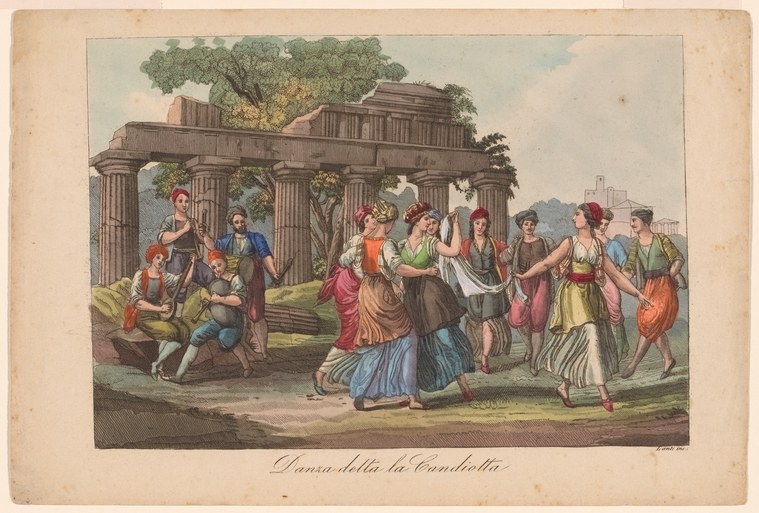 Hand-colored engraving of about fifteen figures dancing outdoors beneath classical columns, women in high-waisted dresses kicking high, arms raised.