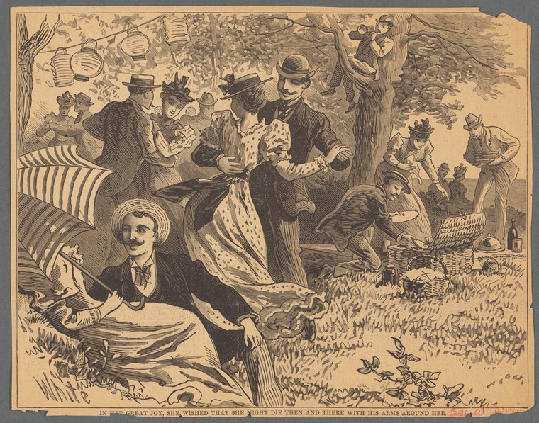 Wood engraving of a Gilded Age garden party: a woman in white reclines in rapture as a man bends toward her, while other guests in formal dress stand and