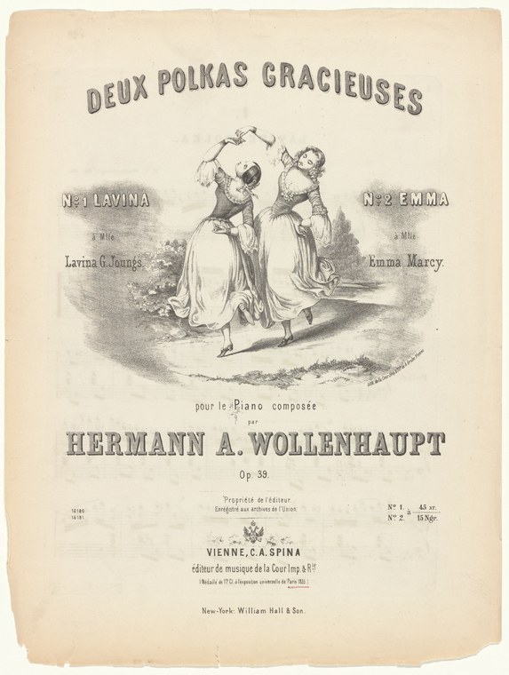 Two women in white ball gowns dance the polka face-to-face, their skirts billowing from the turn, on an engraved sheet music cover.