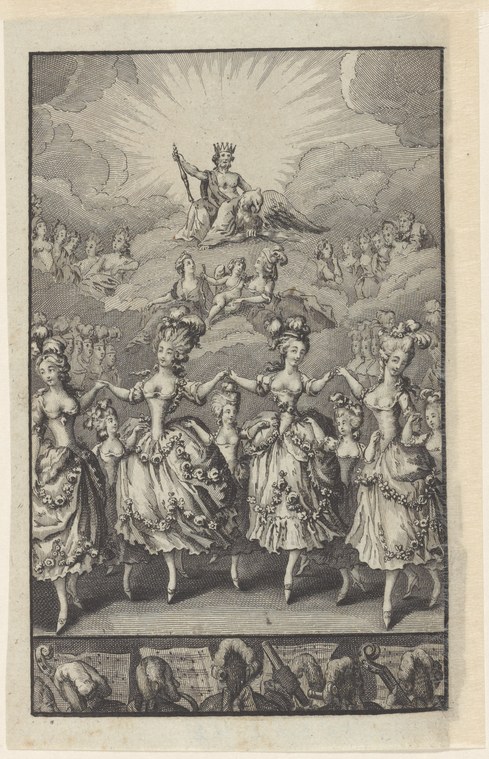 Engraving showing a crowned woman enthroned among clouds above, and below, an ordered line of elaborately dressed women dancing in a formal procession while a