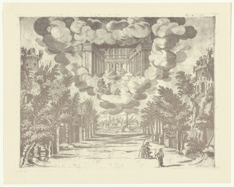 Engraving of a classical temple opening onto clouds filled with flying putti, framed by a tree-lined perspective with two observers at lower right.