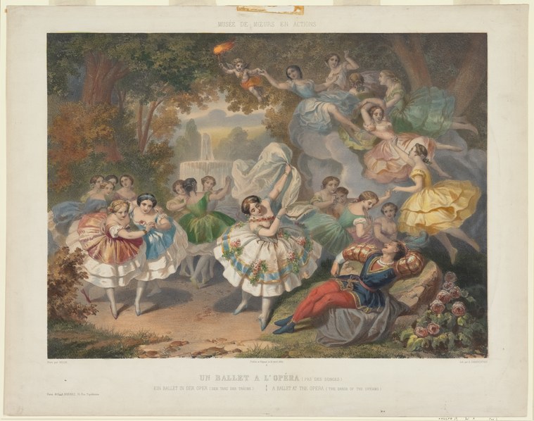 Hand-colored engraving showing a solitary female ballet dancer in a white tutu surrounded by floating ethereal spirit figures in a moonlit forest setting.