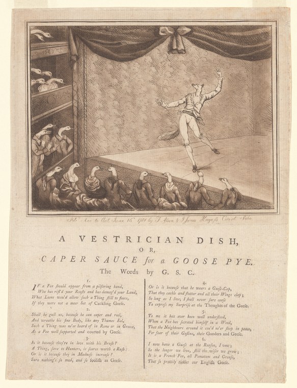 Engraving of acrobat suspended horizontally above a stage in neoclassical drapery, tiny audience below.