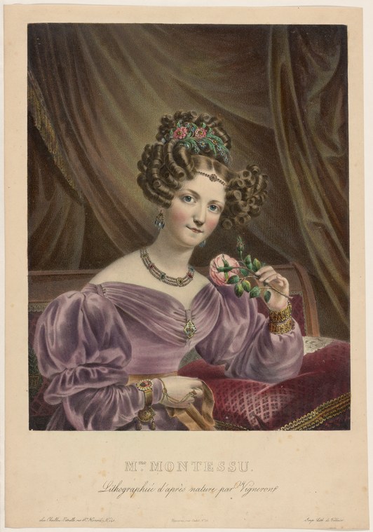 A woman in purple silk and jewels, posed against draped fabric, holding a rose, hair crowned with flowers.