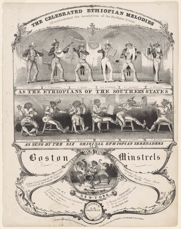 Ornately framed broadside advertising six male musicians in formal dress holding instruments, shown standing and seated, mid-19th century