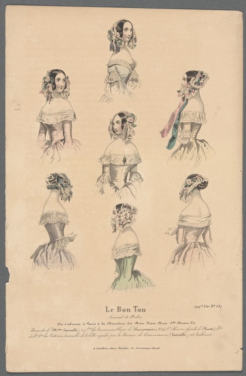 Nine women in 1830s ballroom dress posed in varied attitudes, their full skirts and off-shoulder necklines rendered in hand-colored line drawing.