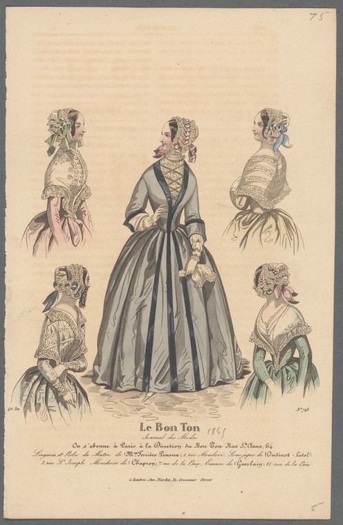 Five women in 19th-century formal dress: a central figure with voluminous skirt surrounded by four subsidiary figures showing the silhouette from different