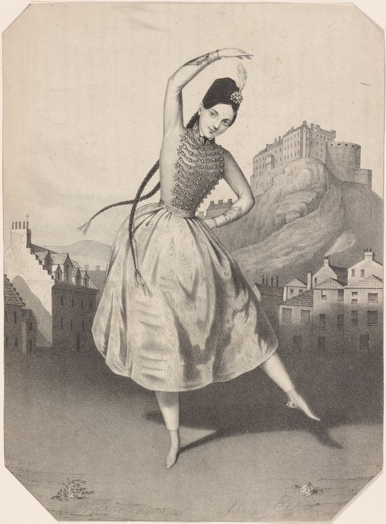 Fanny Elssler in balletic pose wearing a fitted embroidered bodice and pale skirt, arms raised, with a Polish castle in the background.