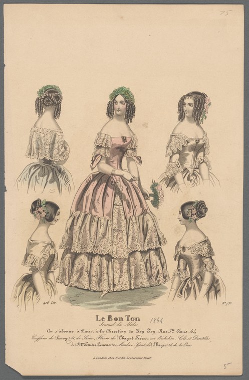 Fashion plate showing a woman in a Romantic-era ball gown with four bust studies of her hairstyle from different angles